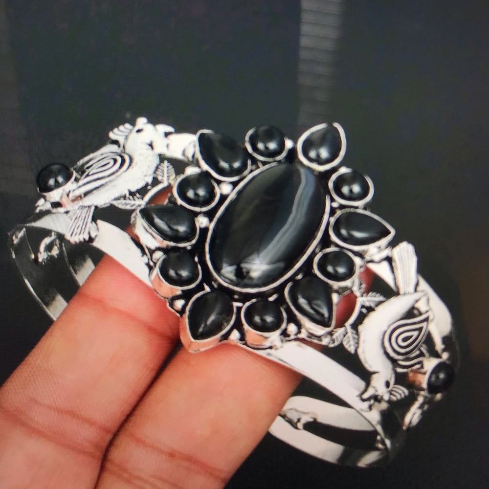 Botswana Agate Black Onyx Stamped 925 Sterling Silver Cuff Bracelet